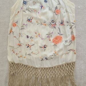 Anthropologie Embroidered Halter Top with Fringe Hem – Boho Floral Birds